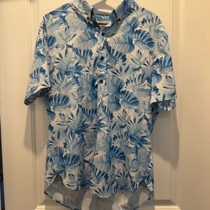 Men's Blue Palm-Print Short Sleeve Button-Down Shirt